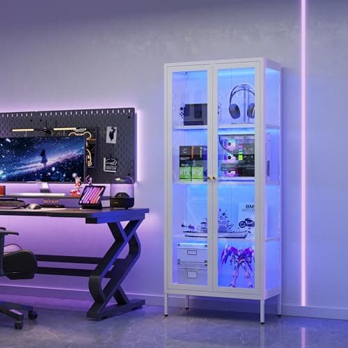 UNICOLY Display Cabinet with Glass Doors, Glass Display Cabinet with 3 Color LED Lights, Curio Display Cabinet with 3 Shelves for Living Room & Plant, Display Shelf, Assembly Required, White 9