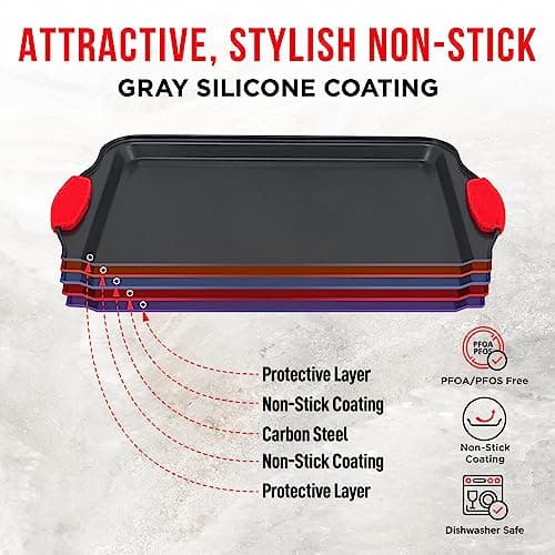 2 Piece Set Nonstick Carbon Steel Oven Bakeware -Professional Quality Kitchen Cooking Baking Trays -PFOA, PFOS, PTFE-Free Small & MediumBaking Sheet Pans with Red Silicone Handles 5