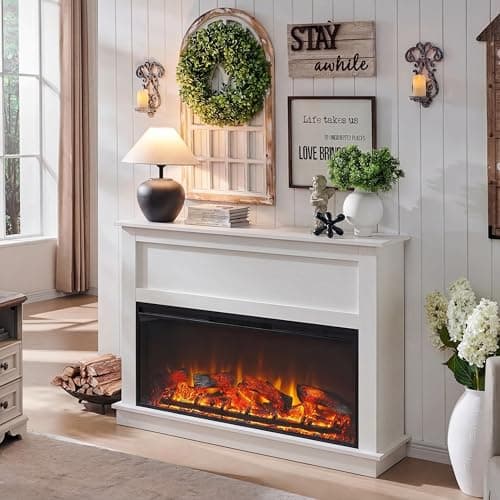 Andehomy 51" Farmhouse Electric Fireplace TV Stand with Mantel, 42" Insert Electric Fireplace Heater with Remote Control, Adjustable 3D Flame Effect, White