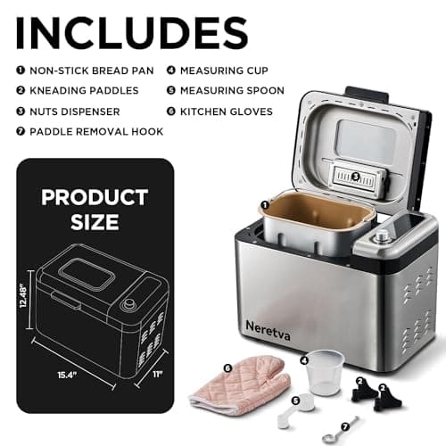 Neretva Bread Maker, 3.3LB Larger Bread Machine 15-in-1 Stainless Steel & Nonstick Ceramic Pan & Auto Nut Dispenser Breadmaker Machines Full Touch Panel with Gluten Free White Wheat Rye French Pizza 7