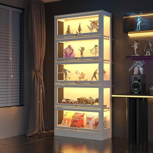 BONITURE Display Cabinet with Acrylic Glass Doors,5-Tiers Curio Cabinet with LED Lighting for Collectibles, Collectibles Toy Organizers Rack & Display Shelf Display Case Storage Cabinet, White