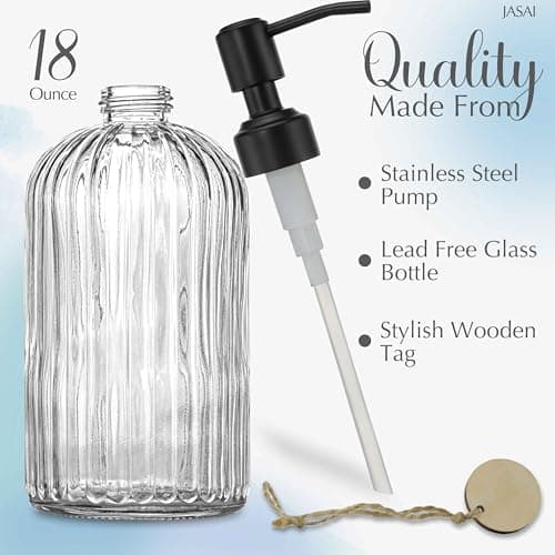 JASAI 18Oz Simple Glass Soap Dispenser with Black Rust Proof Pump,Refillable Kitchen soap Dispenser with Vertical Stripe, Bathroom Soap Dispenser for Dispense Hand soap, Dish Soap, Lotion. 2