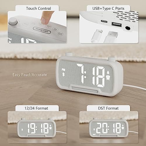 Alarm Clock Radio - Bluetooth Alarm Clock : Type C USB Digital Clocks for Bedroom with FM Radio, 16 Levels Volume Night Light Aesthetic Alarm Clock Battery Backup 6