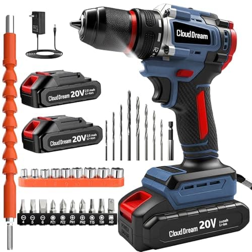 CloudDream Cordless Drill Set,Electric Power Drill with 2 Battery,60N.m,21+1 Torque,2 Variable Speed,30pcs Acessories,Built-in LED,Kit for Home