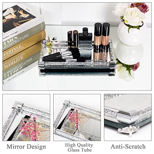 SHYFOY Mirror Perfume Tray for Dresser Crushed Diamond Crystal Trays for Vanity Silver Glass Decorative Bathroom Tray for Home Decorative, Party, Hotel Banquet, NO Letters,12.5 x 6.5 x 1.5 Inches 6