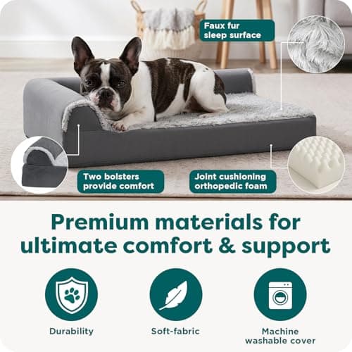 FurHaven Orthopedic Dog Bed for Medium Dogs, L-Shaped Chaise Mattress with Orthopedic Egg Crate & a Solid Orthopedic Foam Base for Joint Support, Washable Cover, Medium, Faux Fur & Suede, Stone Gray 5