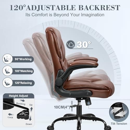 FelixKing Leather Office Chair, Small PU Ergonomic Desk Chairs, Comfy Computer Chair with Wheels and Flip-up Armrests, Adjustable Height Mid Back Executive Office Chairs for Short People - Brown 5