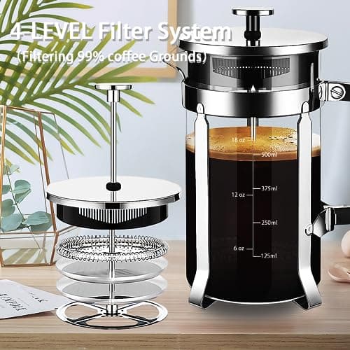 YMMIND French Press Coffee Maker 304 Stainless Steel Coffee Press,with 4 Filters System, Heat Resistant Thickness Borosilicate French Press Glass, BPA-Free Brewed Tea Pot Coffee Plunger(Copper 12oz) 7