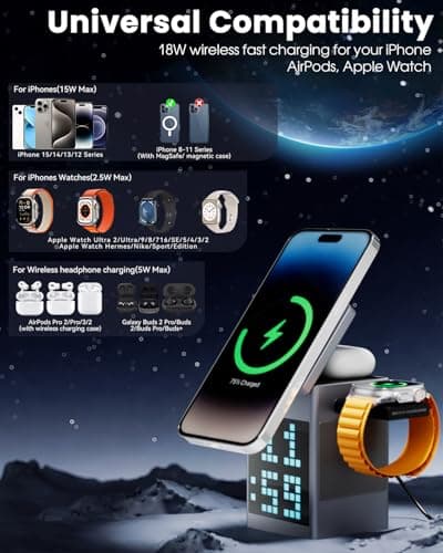 Vivilumens 3-in-1 Wireless Charging Station with Bluetooth Speaker, Digital Alarm Clock, Pixel Display for MagSafe iPhone 17/16/15, Apple Watch, AirPods, Fast Charging, Compact Desk Organizer 8