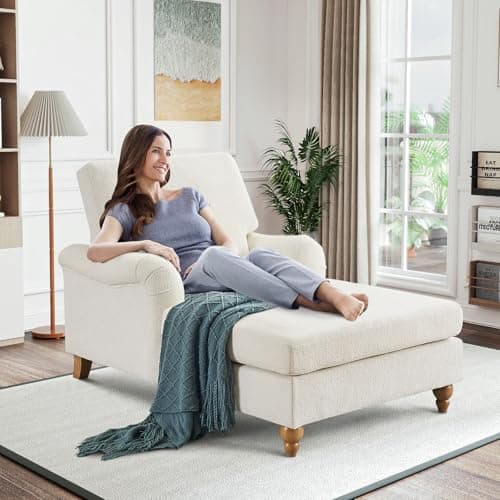 Antetek Chaise Lounge Chair Indoor with Adjustable Backrest, Modern Upholstered Sleeper Lounge Sofa Chair with Sturdy Legs and Rolled Arms for Bedroom, Living Room, White