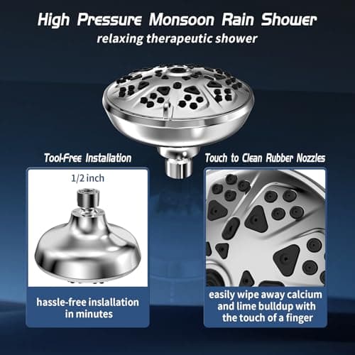 VKZK 10-Mode High Pressure Shower Head Fixed Showerhead, Anti-Clogging Silicone Nozzles-Premium Quality Luxury Design(Luxury Polished Chrome) - 1-Min Install Easy Clean Adjustable Angles 7