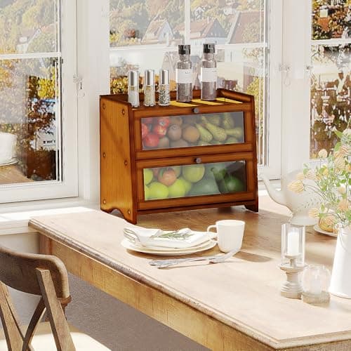 BAMBANG Bread Box for Kitchen Countertop, Extra Large Bamboo Bread Storage Container for Homemade Bread, Double Layer Sourdough Breadox, Bread Bin Organizer for Counter Cabinet Pantry, Brown 6