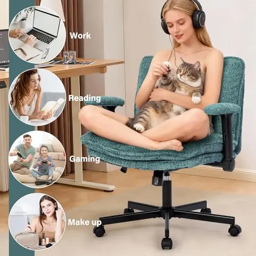 Kassipo Criss Cross Legged Office Chair with Wheels and Flip-Up Arms, Upholstered Criss Cross Desk Chair, Wide Seat Chairs for Home Office, Vanity, Apartment, Green 6