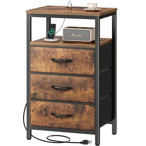 Huuger Nightstand with Charging Station, 27.6 Inch Bedside Table with Fabric Drawers, End Table with USB Ports and Outlets, Night Stand for Bedroom, Rustic Brown