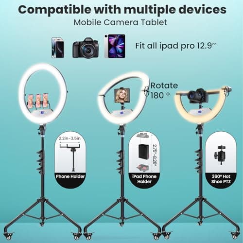 MACTREM 22" Foldable Ring Light with Stand for iPhone ipad, 75" Tripod with Wheels 50W 6500K LED Display/2 USB Ports Large Ringlight Rolling, Tattoo Barber Makeup Studio Video Photography Lighting 7