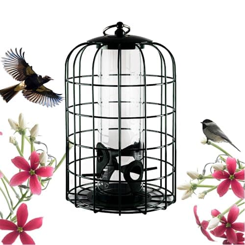 Nature's Rhythm Outdoor Hanging Bird Feeder Cage PC Tube Squirrel Proof Wild Bird Feeder with Large Metal Seed Guard Deterrent