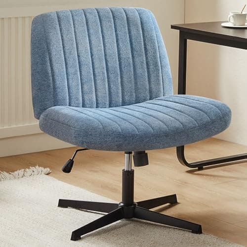 Sweetcrispy Criss Cross Chair Legged, Armless Office Wide Desk Chair No Wheels, Swivel Vanity Height Adjustable Fabric Modern Computer Task Seating for Home - Blue