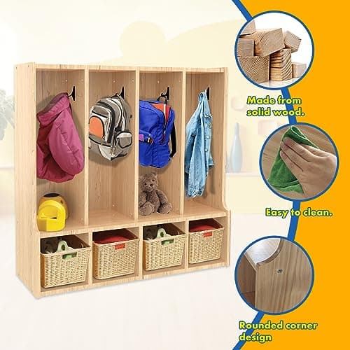 TONGMO Kid's Coat Locker with Bench - 4-Section Toddler-Sized Natural Kids Furniture for Organized Storage (4-Section) 6