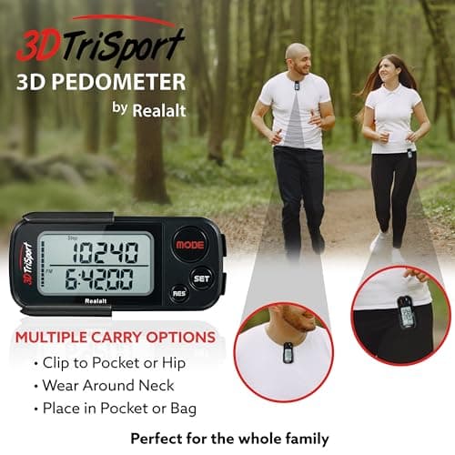 Realalt 3DTriSport 3D Walking Pedometer with Clip & Strap, Accurate Step Counter with 30-Day Memory, Distance in Miles/KM Large Display Perfect for Seniors & Beginners eBook Included - Stealth Black 5