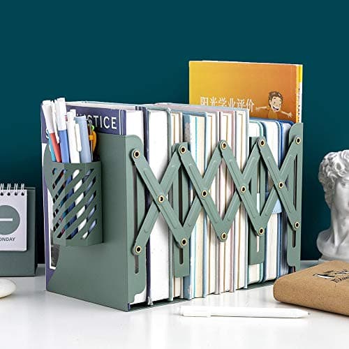 JIARI Adjustable Metal Bookends with Expandable Design, Blue, Heavy-Duty Book Organizers for Shelves, 1pcs Pen Holder (Blue) 5