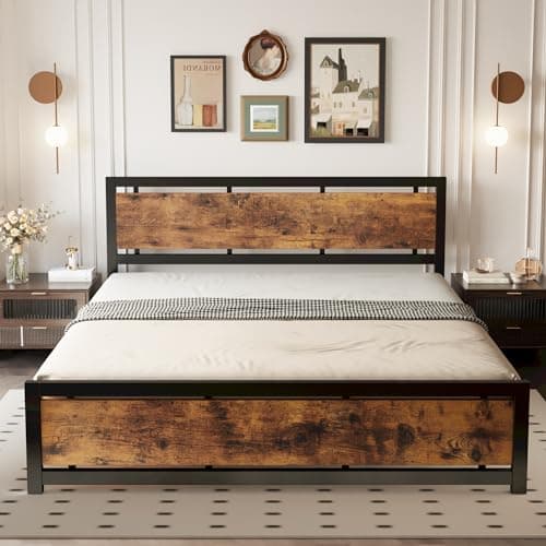 LIKIMIO King Bed Frame with Headboard and Footboard, Metal Strong Supports, Easy Assembly, Noise-Free, No Box Spring Needed, Vintage Brown 9