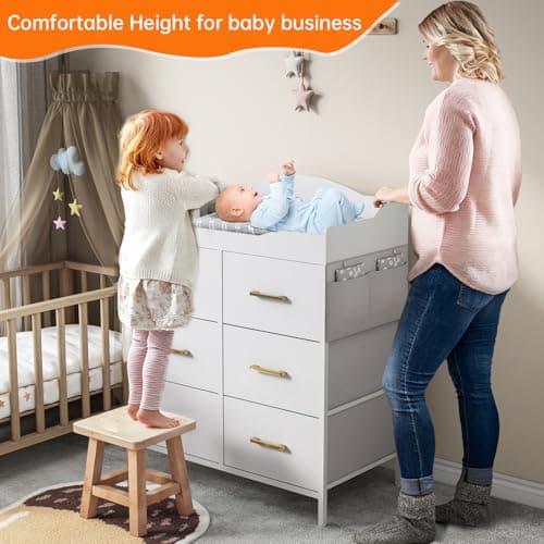 White Changing Table Dresser with 6 Fabric Drawers and Side Pockets, Nursery Dresser with Changing Top, Baby Dresser with Drawers, Diaper Changing Station for Nursery and Bedroom 7
