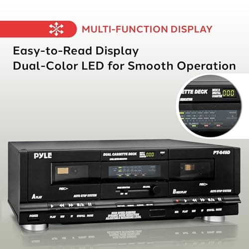 Pyle Home Digital Dual Cassette Deck Media Player Music Recording Device with RCA Cables Switchable Rack Mounting Hardware CrO2 Tape Selector Included 3 Digit Counter - 110V/220V 5