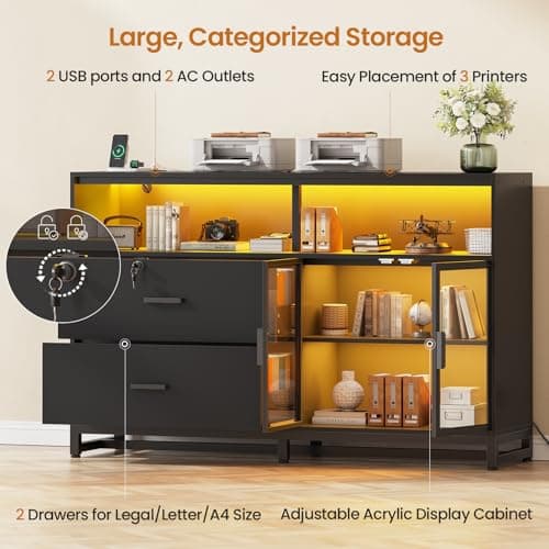SEDETA 59" File Cabinet, 2 Drawers Filing Cabinets for Home Office fit Legal/Letter/A4 File, File Cabinet with Lock & Power Outlets, Printer Stand with Storage & LED Lights, Black 6