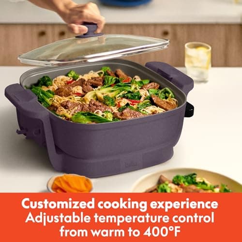 bella Make & Take Electric Skillet, Fits-anywhere™ kitchenware, EverGood™ Ceramic Coating, Adjustable Temperature & Dishwasher-Safe Tempered Glass Lid, Cast Aluminum Base, 1200 Watt, Plum 5