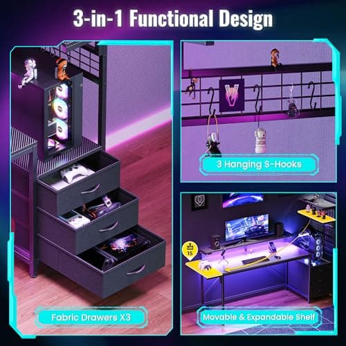 PRAISUN 61.7" Gaming Desk with LED Lights & Outlets, Computer Desk with 3 Fabric Drawers, PC Desk with PC Case Stand & Movable Storage Shelves, Monitor Stand, Reversible, Carbon Fiber Black 7