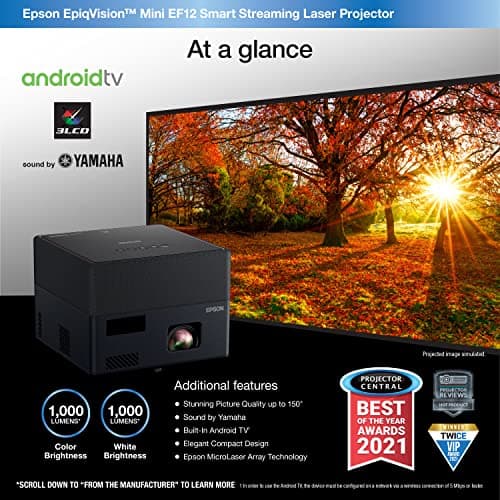 Epson EpiqVision Mini EF12 Smart Streaming Laser Projector, HDR, Android TV, Portable, sound by Yamaha, 3LCD, 1080p, 1000 lumens Color and White Brightness (Renewed) 9