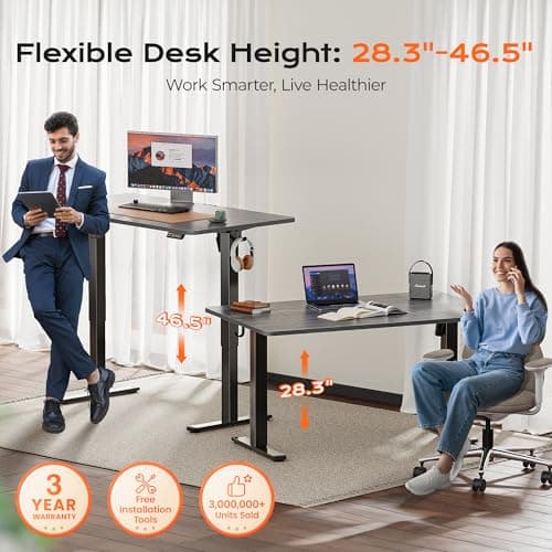 Huuger 55 x 28 Large Electric Standing Desk, Height Adjustable Desk, 27.6" Deep Desktop, Stand up Gaming Computer Office Desk with 2 Hooks, 3 Preset Heights, for Home Office, Grey 3