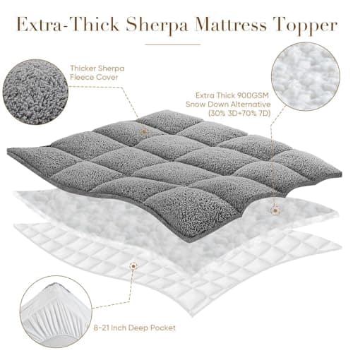 Cymula Mattress Topper Full Size, Soft Sherpa Mattress Pad for Back Pain Sleeper Extra Thick Luxury Plush Mattress Cover, Pillow Top Futon Protector with 8-21" Deep Pocket, Grey 7