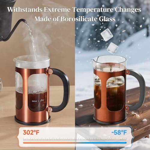 Veken French Press Coffee Maker 34oz 1 L, No Plastic Touching Cafe, Heat Resistant Thickened Borosilicate Glass, Stainless Steel Brewer, Cold Brew Cafetera Teapot for Kitchen Travel Camping, Copper 5