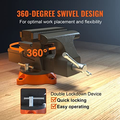 VEVOR Bench Vise, 6.5" Jaw Width 6.5" Forward &9.3" Reverse Opening, 360-Degree Swivel Locking Base Multipurpose Workbench w/Anvil, Heavy Duty Ductile Iron w/Bolts & Nuts, for Drilling, Pipe Cutting 5