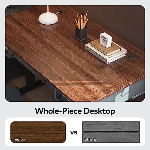 FEZIBO Whole Piece Mid Century Modern Electric Standing Desk with Drawer and Open Storage, 48 x 24 Inches Sit Stand Home Office Desk, Haze Blue Walnut(2 Packages) 5