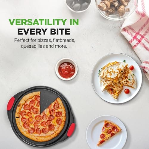 NutriChef 13-Inch Nonstick Pizza Tray - Round Carbon Steel Non-Stick Pizza Pan with Perforated Holes, Premium Bakeware Pizza Screen with Silicone Grip Handles, Dishwasher Safe - NCBPIZ1 9