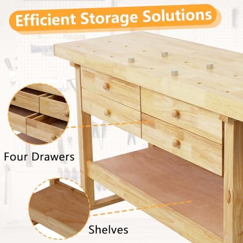 60" Rubber Wood Workbench, Heavy Duty Work Bench with Drawer & Shelf, Work Bench Table for Garage, Workshop, Home Storage, Woodworking Bench, 330 lbs Weight Capacity (60") 5
