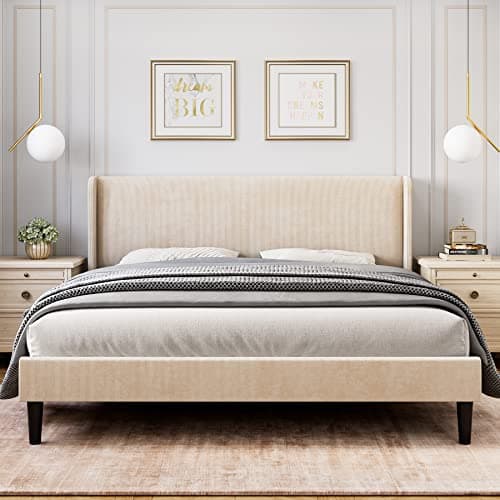 Assile Upholstered Bed Frame Full with Wingback headboard, Platform Bed Frame with Headboard, Wood Slats Support, Noise Free, Beige