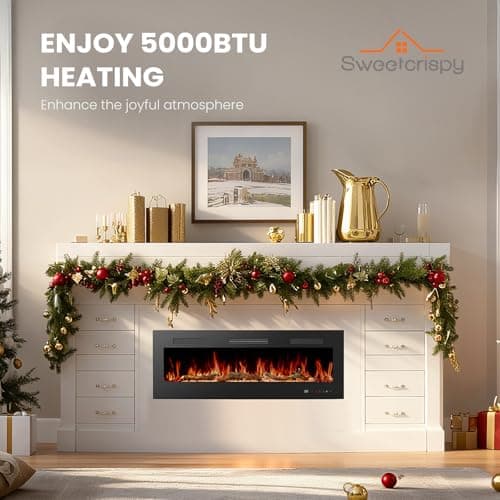Sweetcrispy 60” Electric Fireplace Insert, 1500W Wall Mounted & Recessed Fireplace, Freestanding Fireplace Heater with Remote & Touch Panel Control, Adjustable Flame Effect, 12H Timer for Indoor use 6