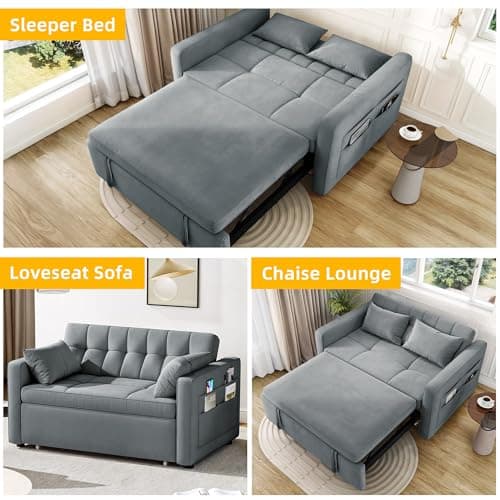 DWVO 55" Futon Couch, 3-in-1 Futon Sleeper with Pull-Out Bed, Convertible Sofa Bed with Adjustable Backrest and Side Pocket, Modern Loveseat Sleeper for Living Room, Grey Velvet, Full Size 6