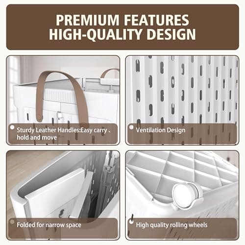 UAK Plastic Laundry Basket with Wheels & Handle, 61L Heavy Duty Foldable Laundry Hamper – Easy Clean Waterproof Rolling Organizer for Bathroom & Laundry Room, White 5