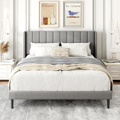 Gruwans Queen Size Bed Frame with Upholstered Wingback Headboard, Easy Assemnly Platform Bed, Wooden Slat Support No Box Spring Needed, Light Gray