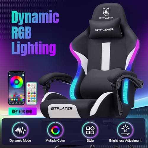 GTPLAYER Gaming Chair with Foot Rest & Racing Style RGB LED Lights, Breathable Fabric for Home Office Desk, Ergonomic High Back Computer Chair with Headrest & Lumbar Support, RGB Black 6