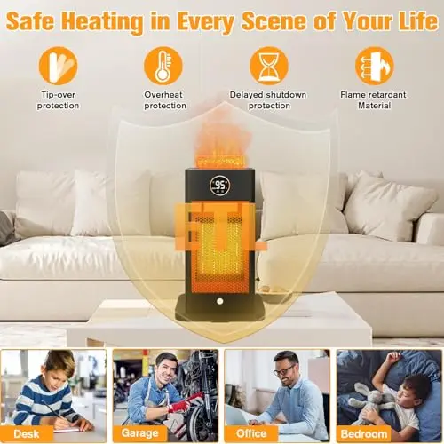 Space Heaters for Indoor Use,1500W PTC 2s Fast Heating Space Heater Large Room with Sensor Humidifier 3D Flame Effect Oscillating,Heater for Bedroom,Office,Dark Black 7