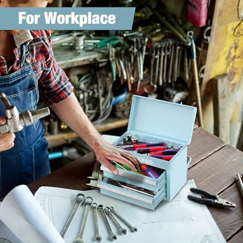 WORKPRO Mini Metal Tool Box with 2 Drawers and Top Storage, Small Tool Chest with PVC Liners and PP Feet Pads, Cold Rolled Steel Toolbox with Magnetic Tab 5