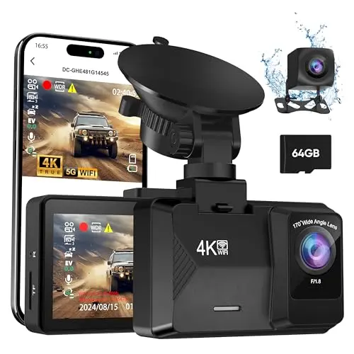 Orskey Dash Cam Front and Rear Built-in 5GHz WiFi, 4K+1080P Dual Dash Camera for Cars with 64GB SD Card, 2.0" Display Dashcam, 24H Parking Mode, App Control, Super Night Vision, Support Max 256GB