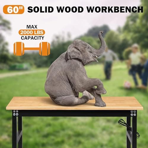 Betterhood Adjustable Height Workbench, 60" Rubber Wood Top Heavy Duty Workstation with Power Outlets, 2000 LBS Load Capacity Hardwood Worktable for Workshop, Garage, Office, Home, Commercial 6