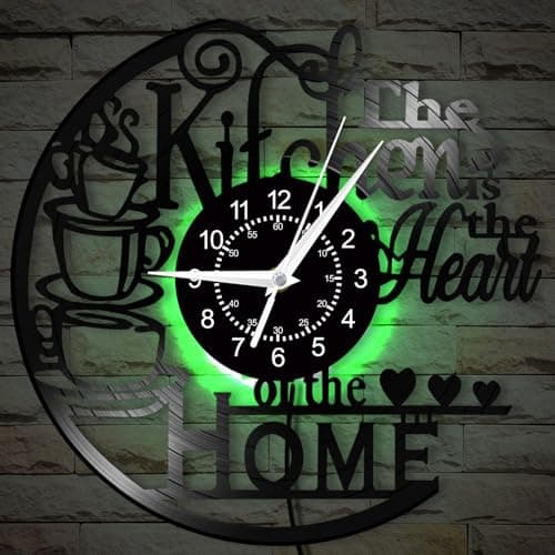 Timeglow 12'' Kitchen Vinyl Record Wall Clock 7 Kinds of LED Color, Kitchen Heart Home Theme Wall Clock Night Light Silent Non Ticking Coffee Bar Wall Watch Clock for Women Wife Restaurant Dining Room 8