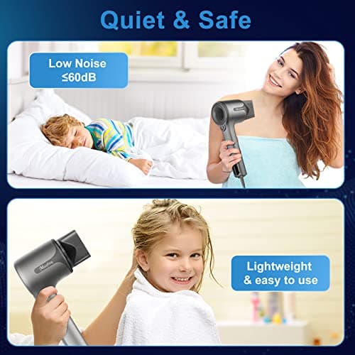 Maxfoxe Ionic Hair Dryer, Professional Blow Dryer with High-Speed Brushless Motor for Fast Drying, Quiet Hairdryer with 2 Magnetic Nozzles, 4 Temps & 3 Speeds Settings for Salon,Home, Gray 6